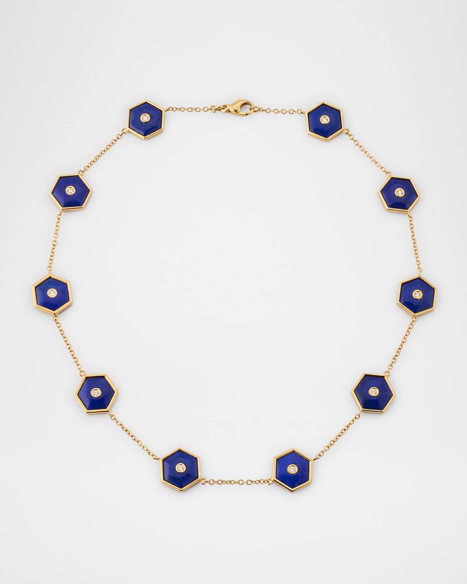 Baia Sommersa Short Necklace in 18K Yellow Gold with White Diamonds and Lapis, 16"L